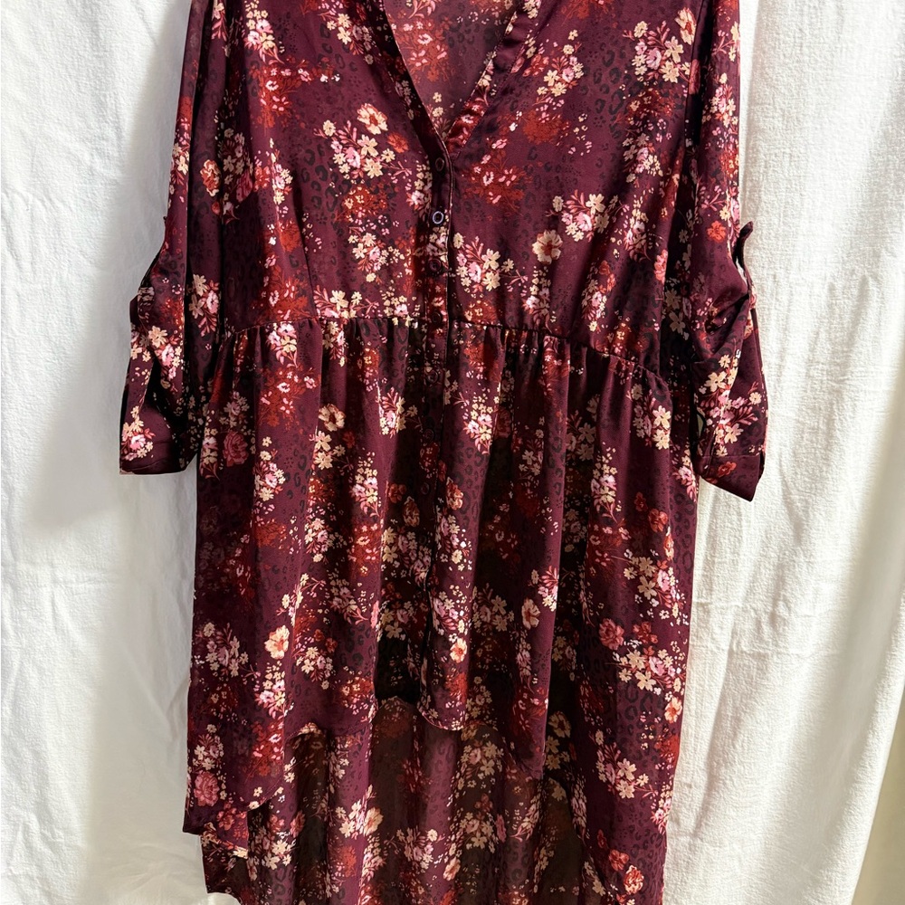 Torrid 2X Floral Burgundy Babydoll Top Fall Boho Leopard Print High/Low Hem EUC